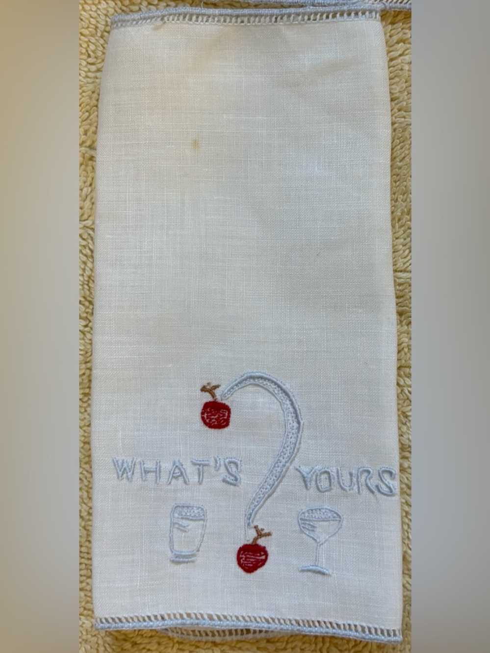 Vintage Embroidered Linen Cocktail Napkins “What’s Yours?” - White